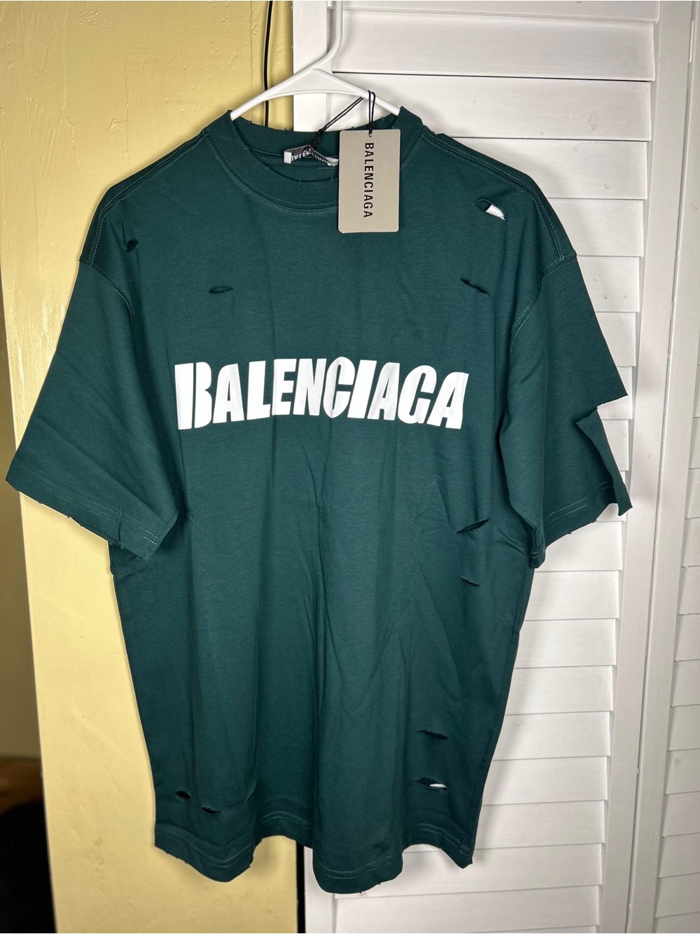 Balenciaga Green Distressed Logo Short Sleeve Tee